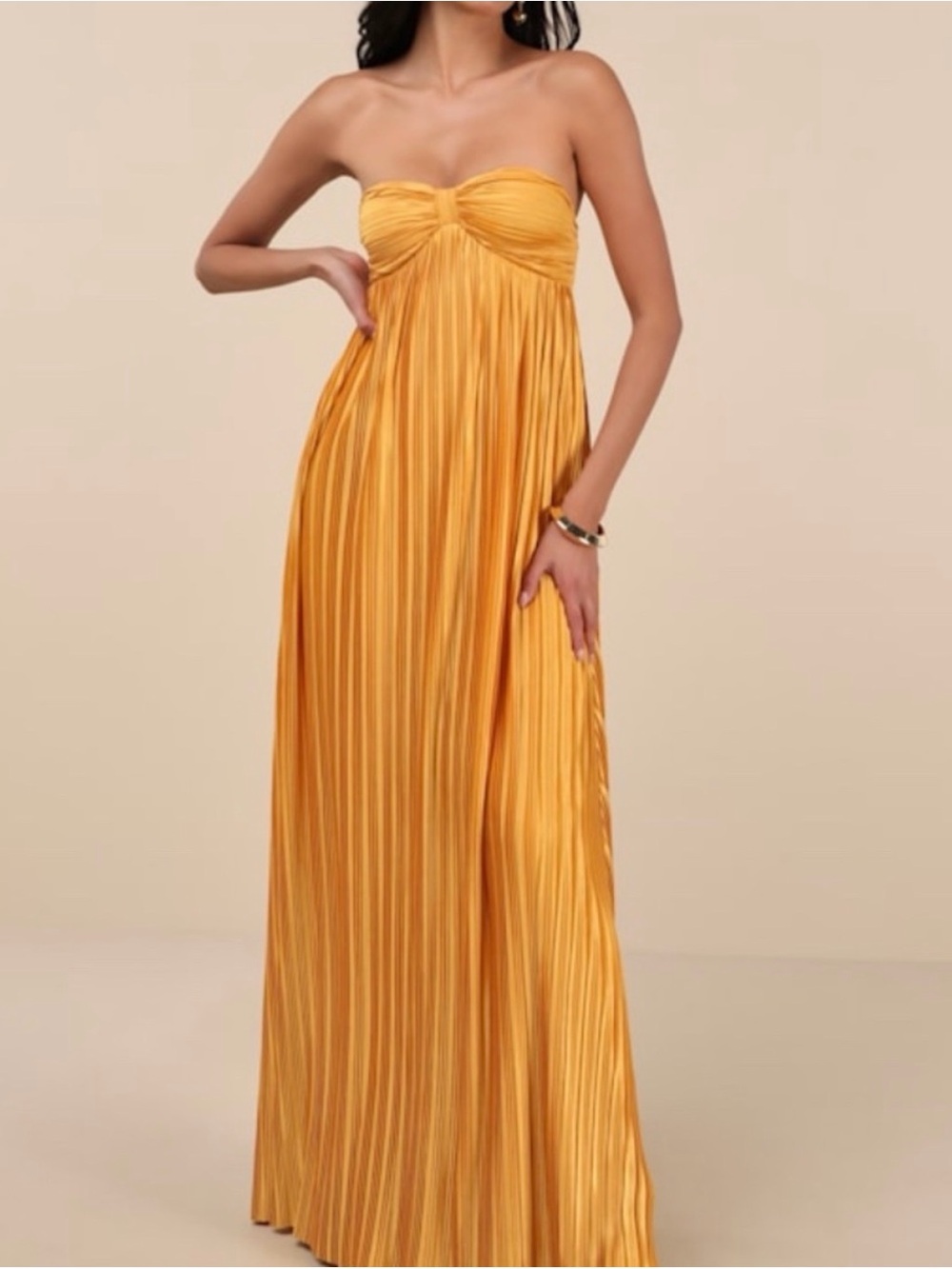Lulu's Strapless Pleated Maxi Dress in Mustard Yellow